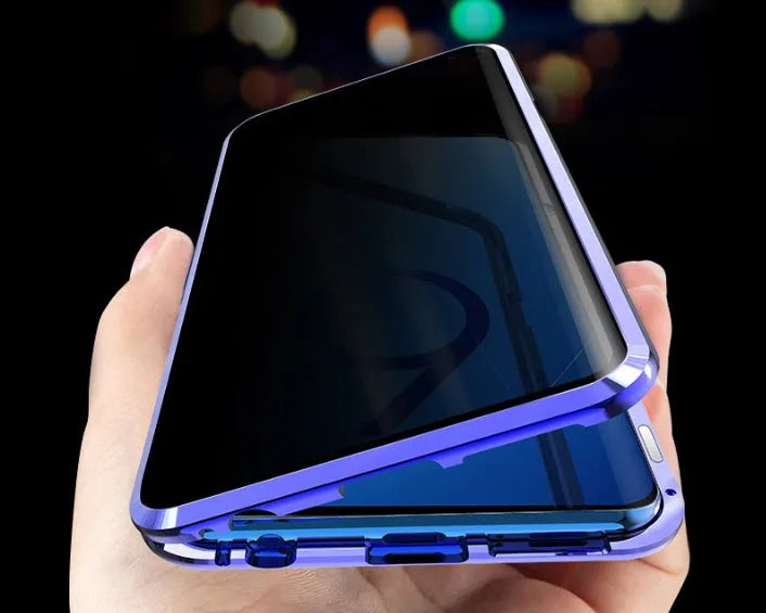 Black anti-peeping magnetic clamshell phone case for Samsung Galaxy smartphones shown closed.