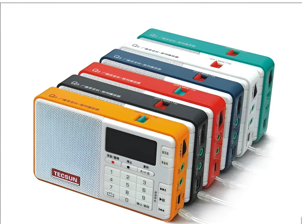 Tecsun Q3 digital audio MP3 player with FM radio in multiple colour options showing front panel with buttons