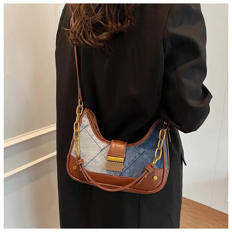 Brown denim women's shoulder bag with diamond mesh detail and chain strap
