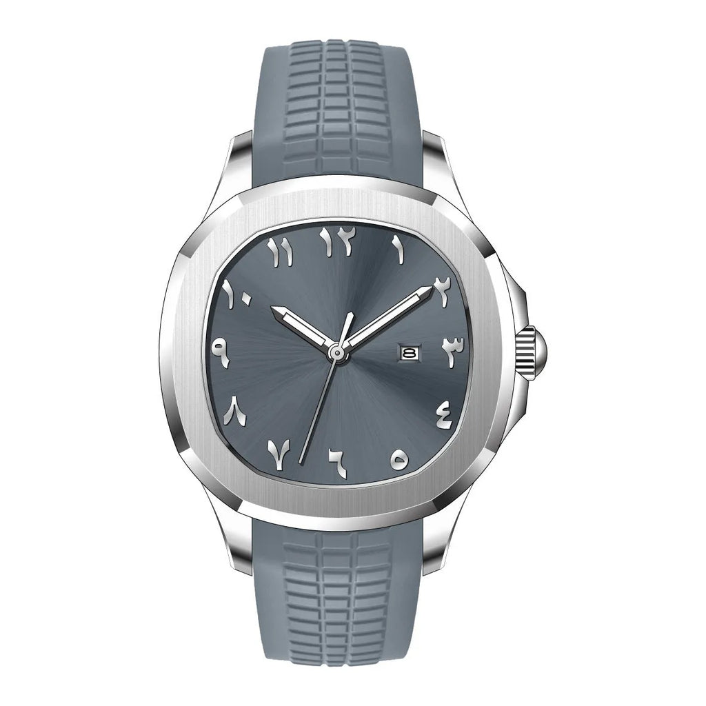 Classic Grenade silicone band quartz watch, grey strap with silver case, sporty style, 10mm thin