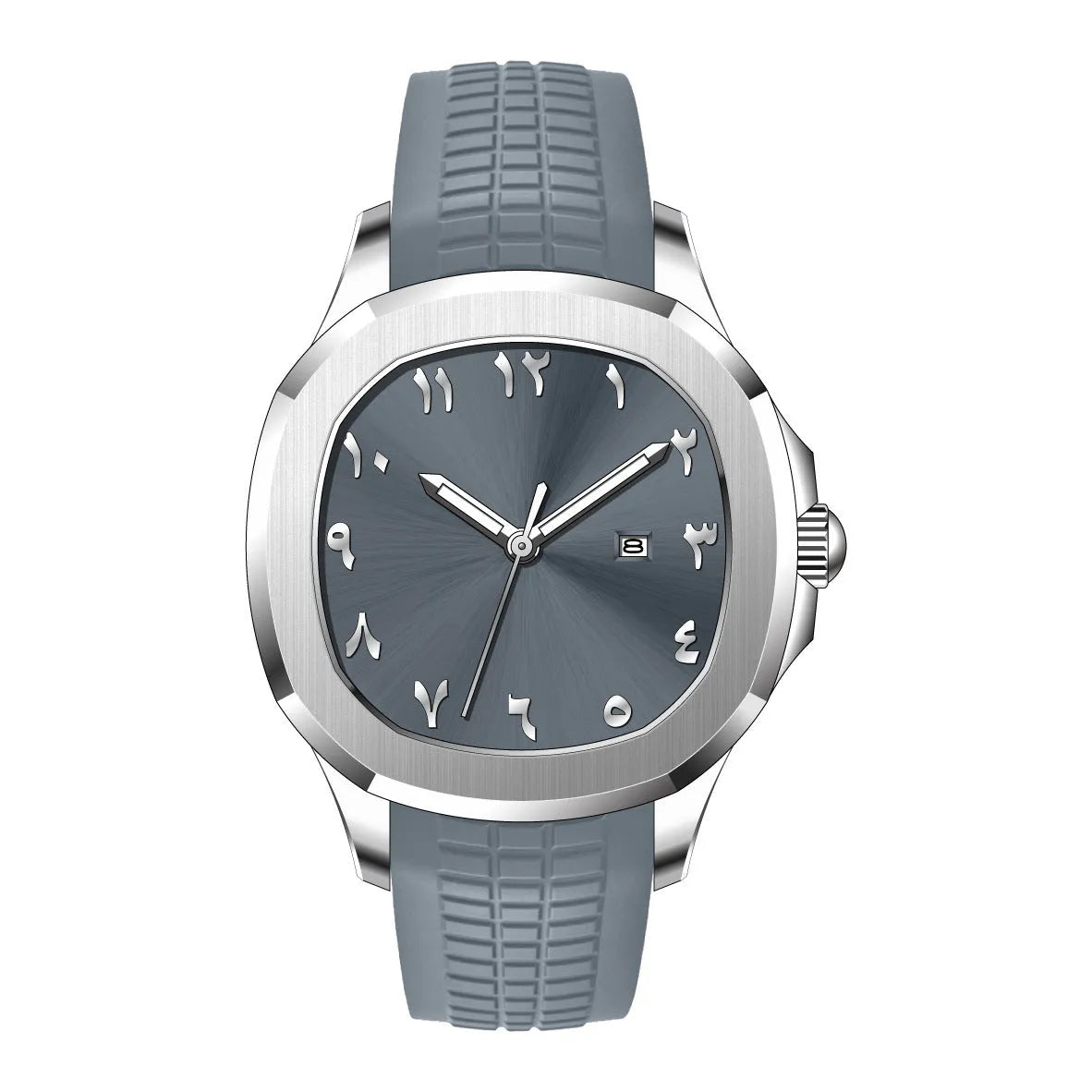 Classic Grenade silicone band quartz watch, grey strap with silver case, sporty style, 10mm thin