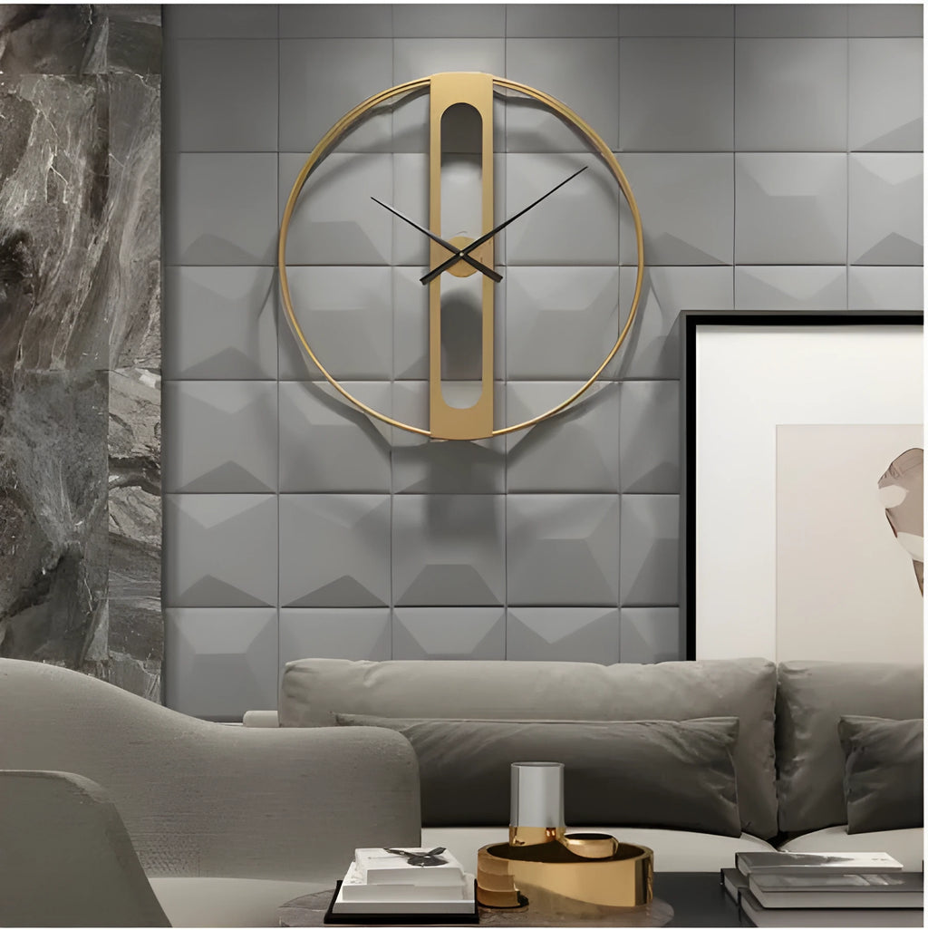 Large round metal wall clock with black or gold frame, 50 cm diameter.