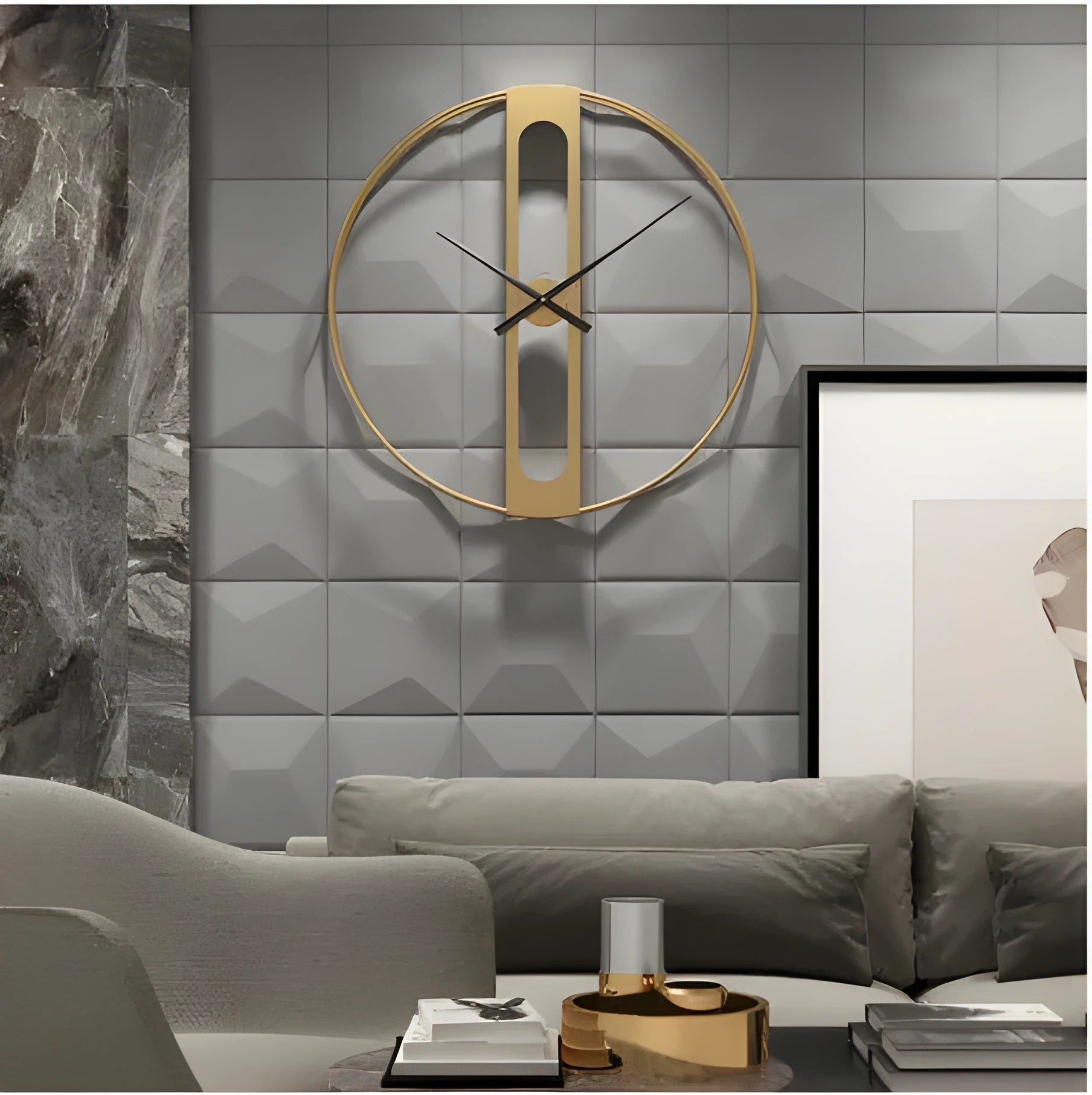 Large round metal wall clock with black or gold frame, 50 cm diameter.