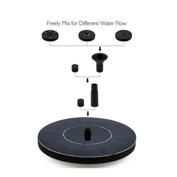 Black solar water fountain with four spray nozzles for garden ponds and bird baths
