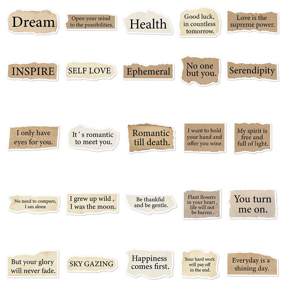 Torn English decorative laptop stickers in matte and glossy PVC finishes, 4-7cm each