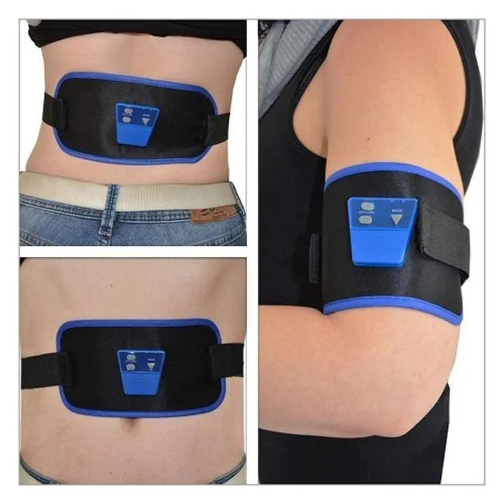 Black compact massage belt with control buttons for 6 working modes and 8 speed levels, placed on a flat surface