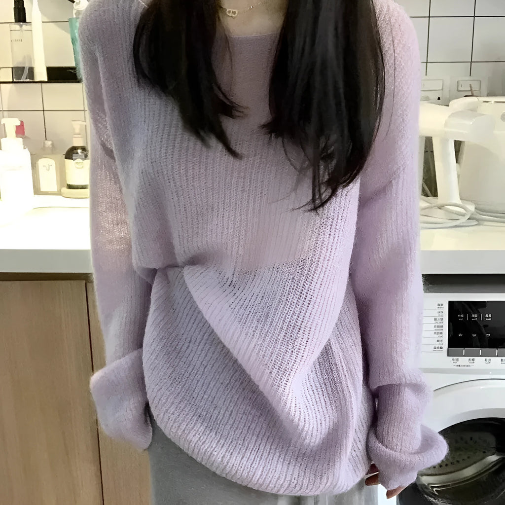 Purple women's blouse with hollow out detailing and princess sleeves made from lightweight ice silk fabric