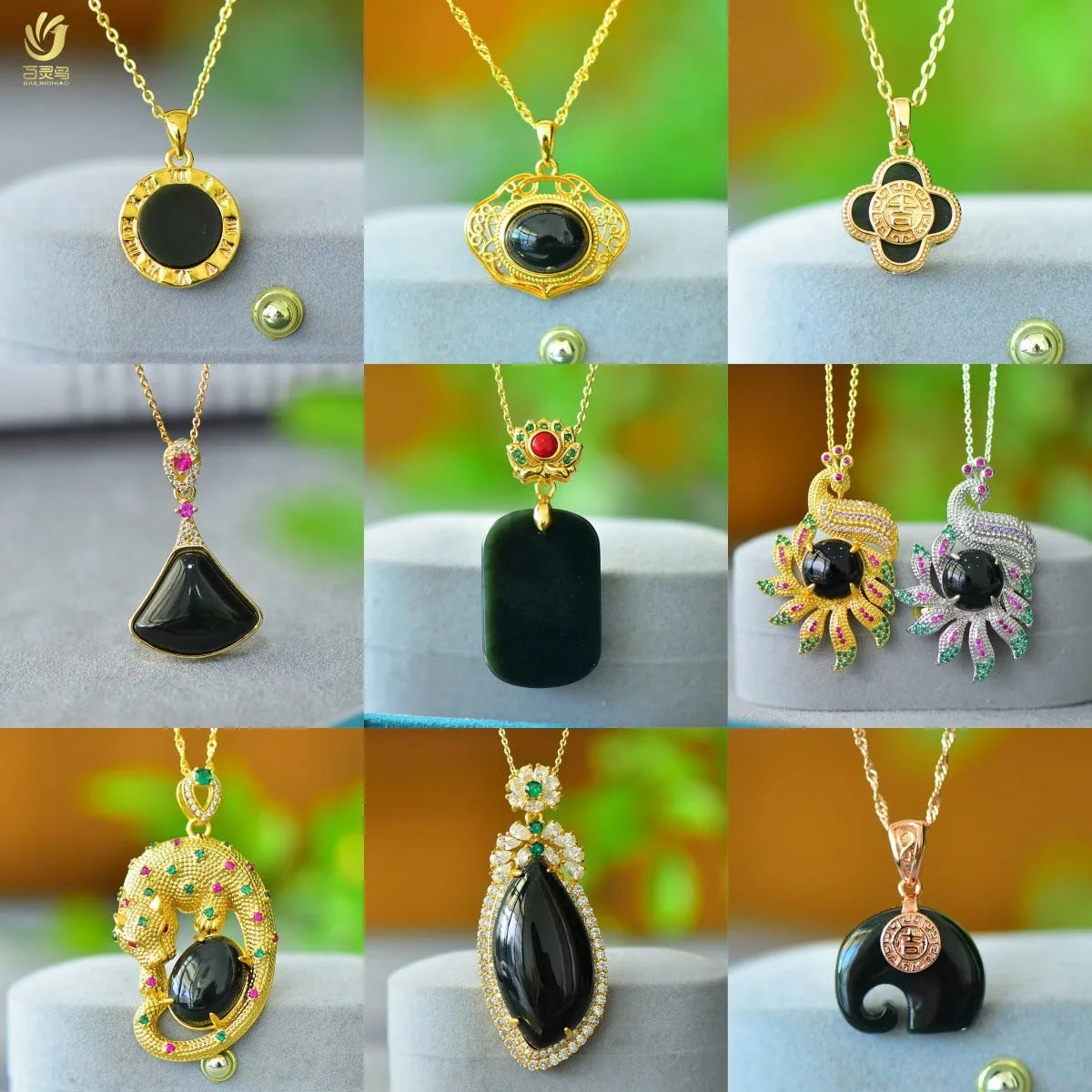 Natural Hetian Jade pendant with copper inlaid details on necklace chain