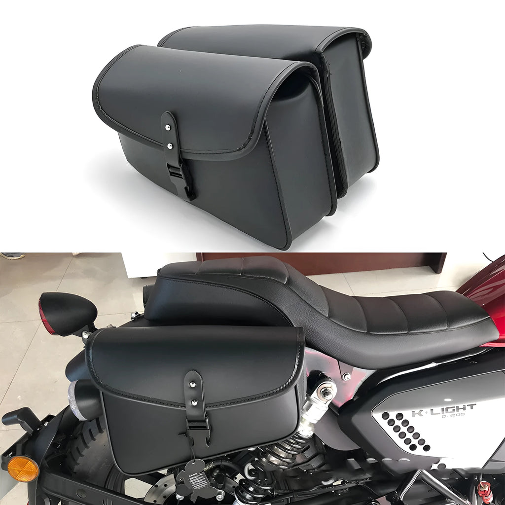 Black PU leather motorcycle swingarm bag for Sportster models measuring 30x24x20cm
