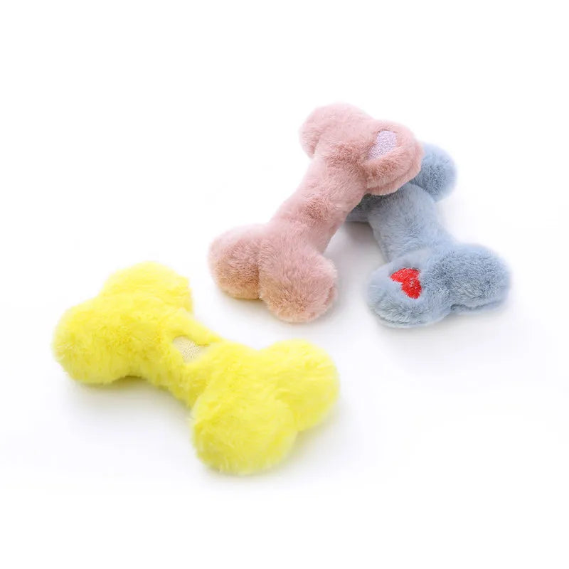Blue plush bone-shaped dog toy with a squeaker for interactive pet play.