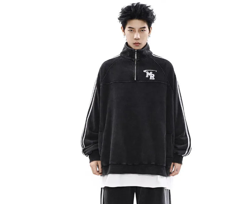 Black Hong Kong style polyester hoodie with stand collar on a hanger.