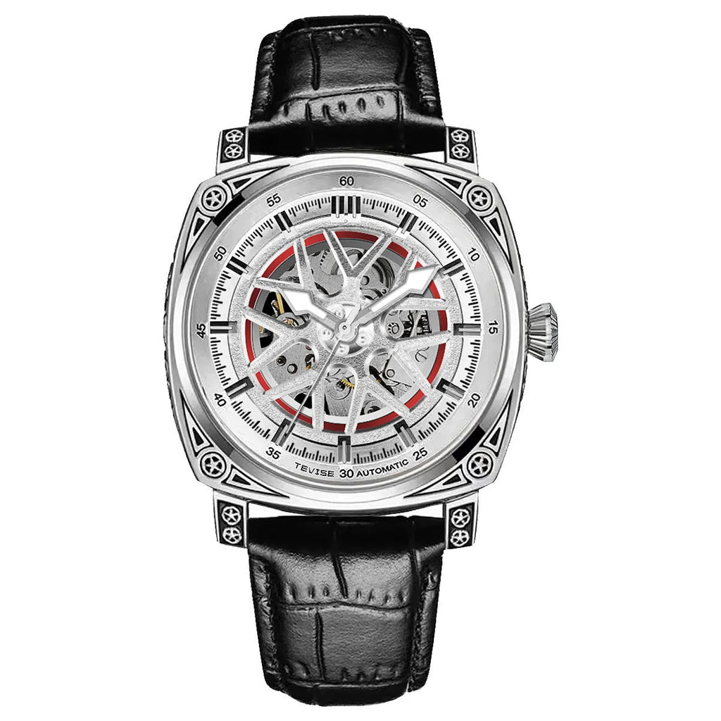 Stainless steel automatic mechanical men's watch with leather strap showing 14mm thickness