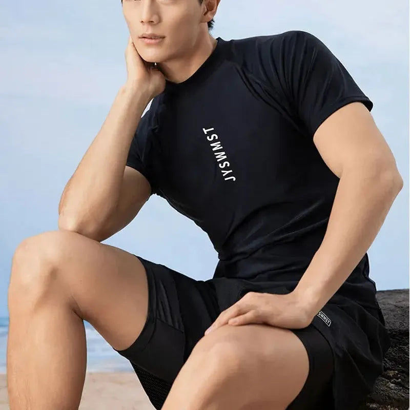 Men's patterned polyester swimsuit set with top and pants in extended sizes