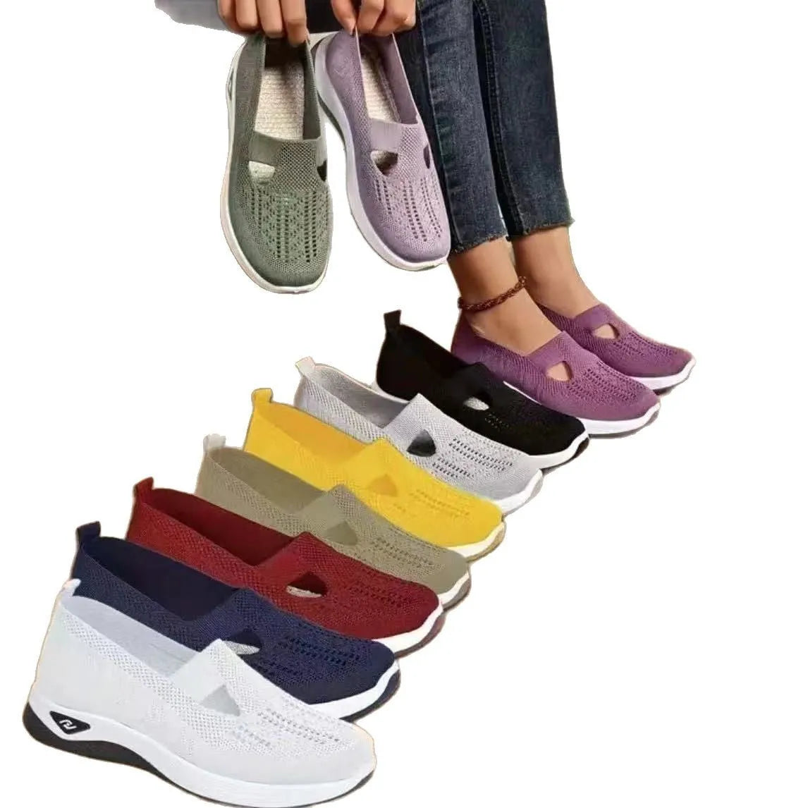 Flat heel mesh walking shoes, round toe, T-strap, solid colour, available in black and grey