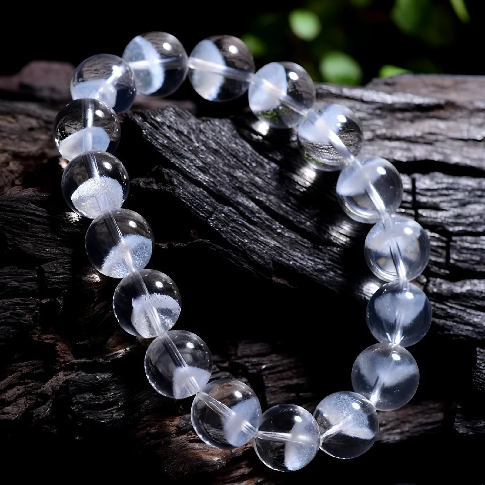Natural white crystal ghost pyramid bracelet with Ruyi elements showing pyramid shapes and original design
