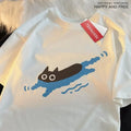 Women's plus size black cat diving print cotton t-shirt in multiple colours