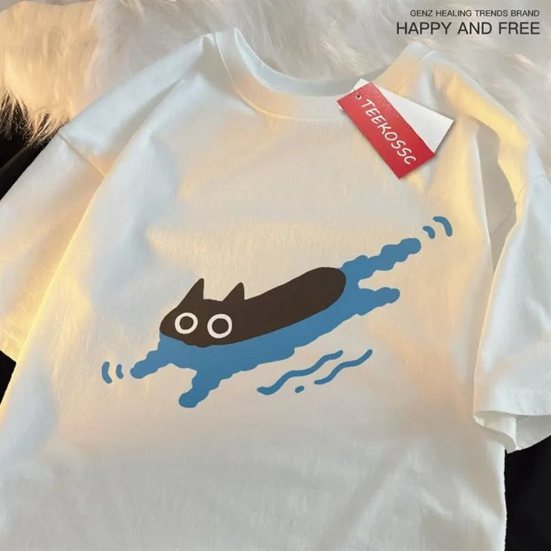 Women's plus size black cat diving print cotton t-shirt in multiple colours