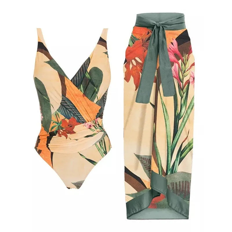 Women's solid colour one-piece swimsuit with spaghetti straps and removable matching skirt