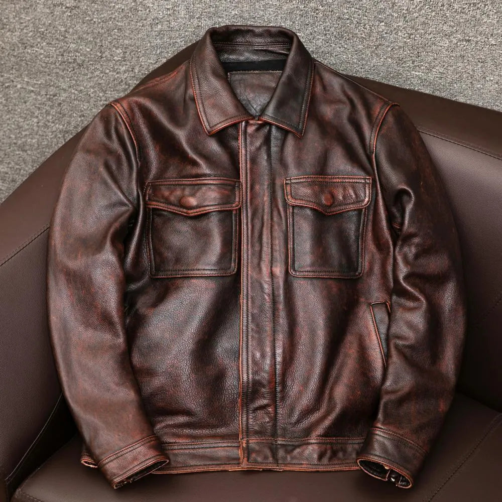 Men's black retro Kaji style lapel-collar PU leather jacket with side pockets, shown on a model.