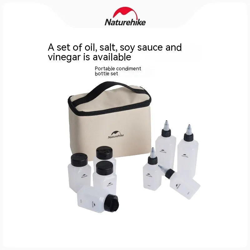 Naturehike set of six white portable seasoning bottles for outdoor picnics and camping.