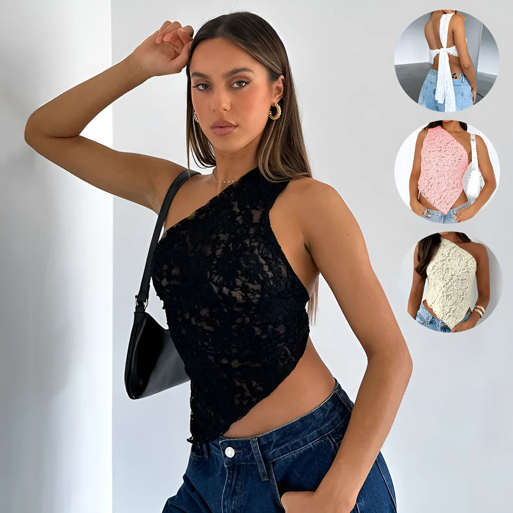 Women's sleeveless lace backless vest with asymmetrical neckline in solid colour.