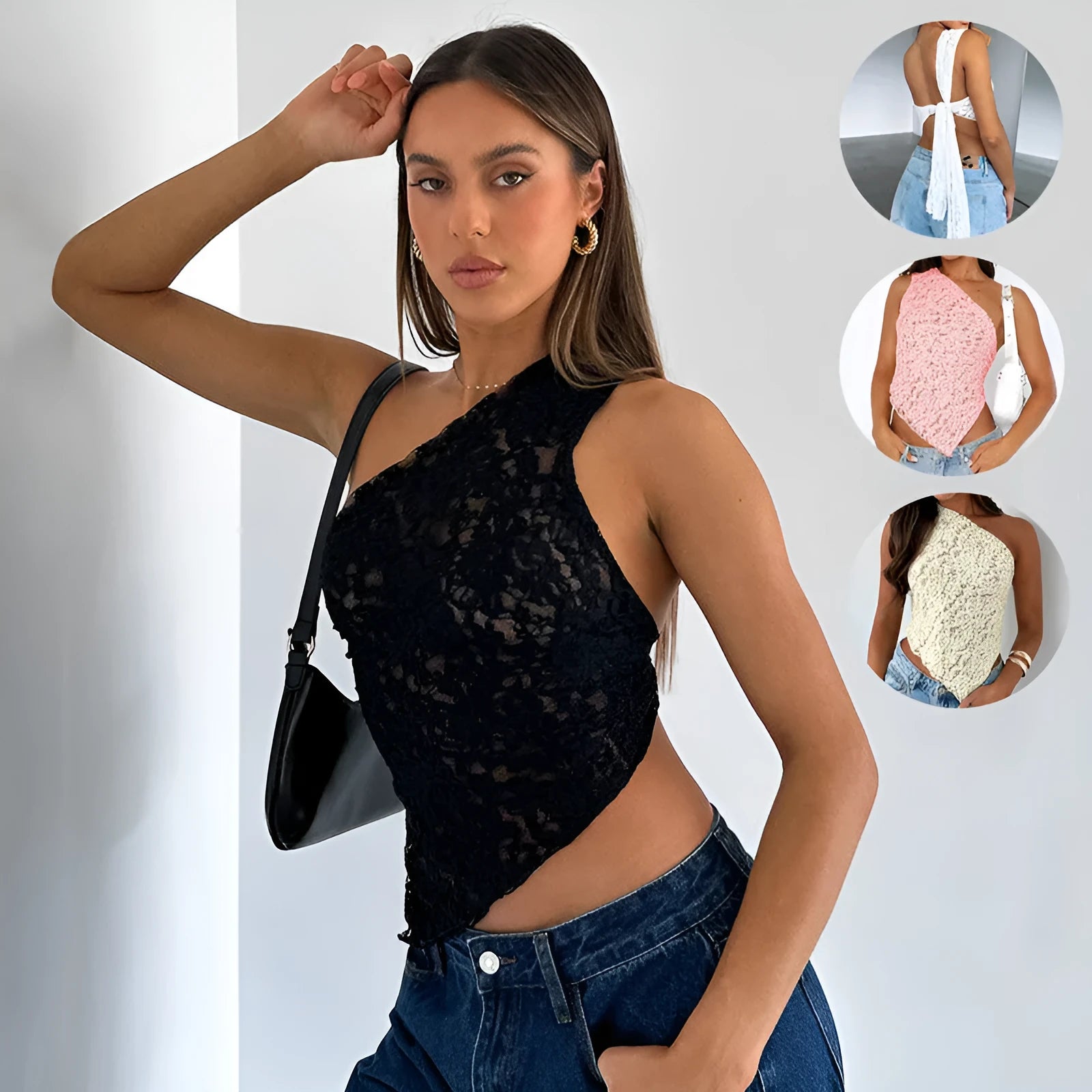 Women's sleeveless lace backless vest with asymmetrical neckline in solid colour.