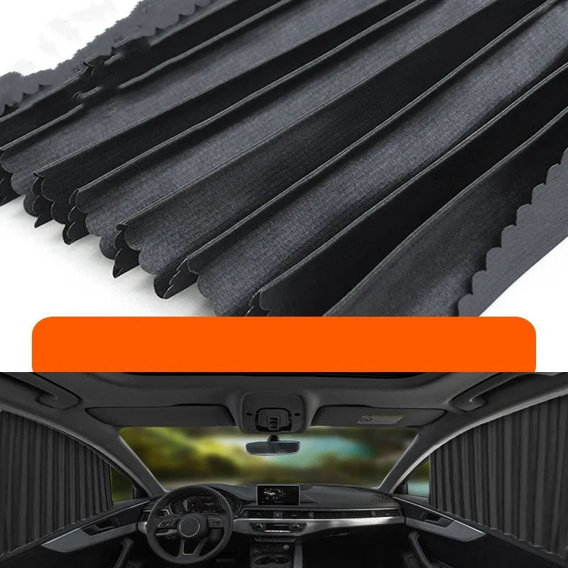 Auto retractable car sun curtain with thick opaque material in roller shutter mechanism