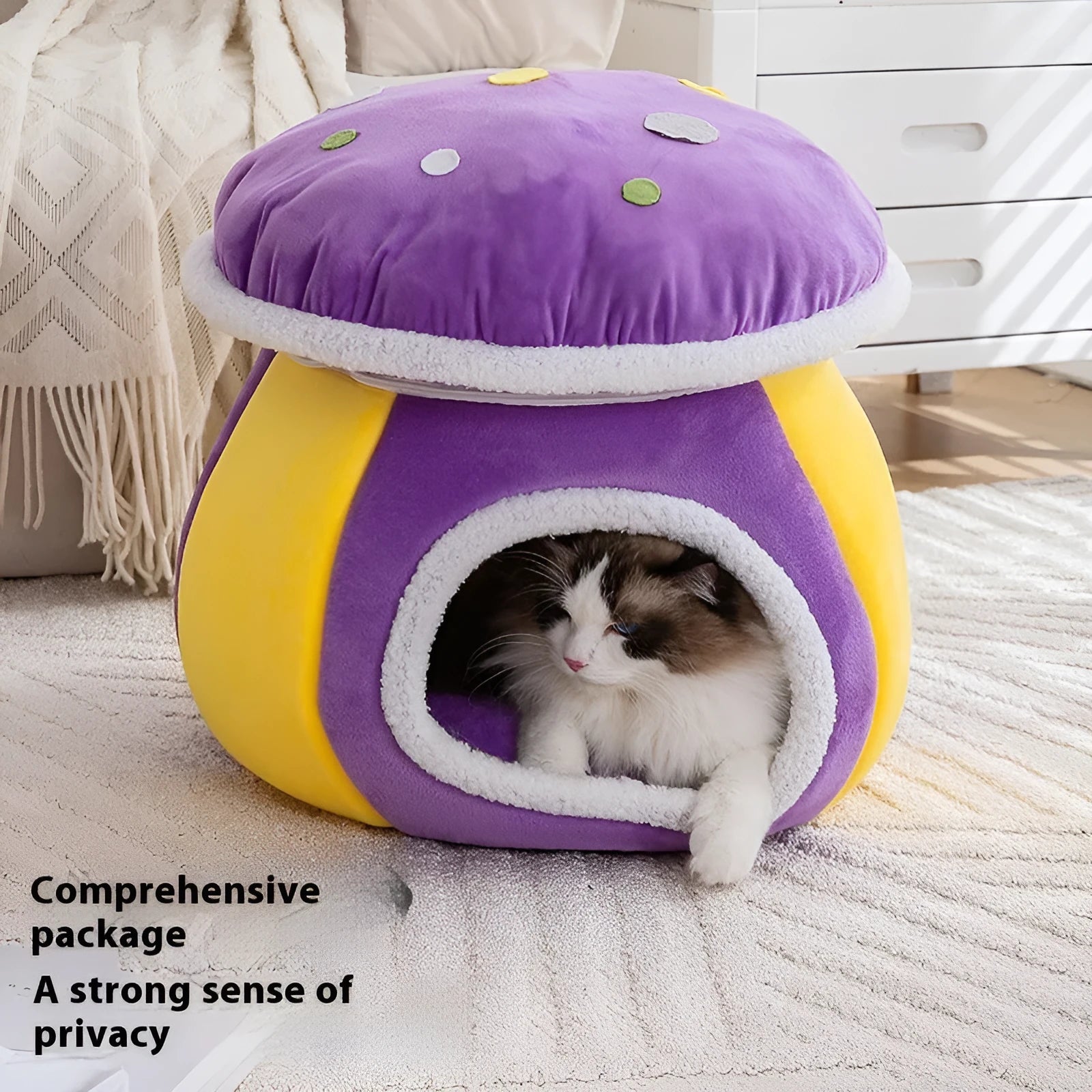 Mushroom-shaped grey plush cat bed with enclosed nest design.