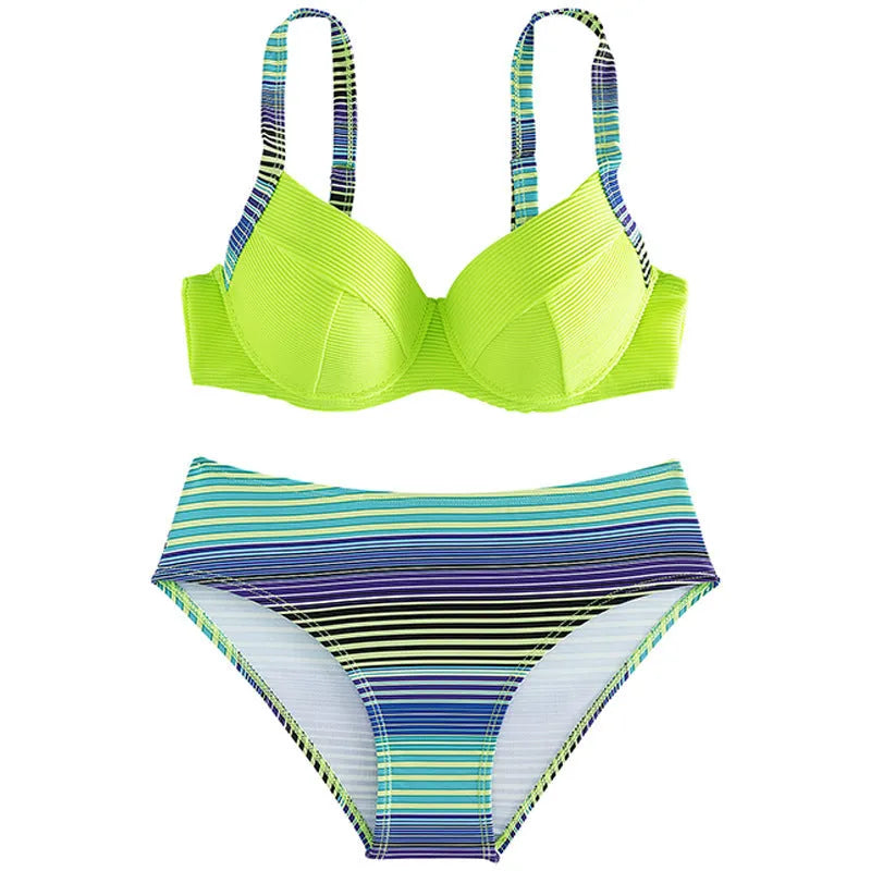 Women's green printed polyester halter bikini set with high-waist briefs on white background