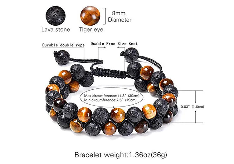 A pair of geometric bracelets with matte black tiger eye agate beads on an adjustable strap.