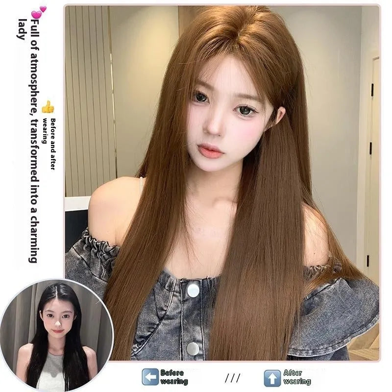 Warm brown long straight lace wig with centre-parted bangs for women on a wig stand