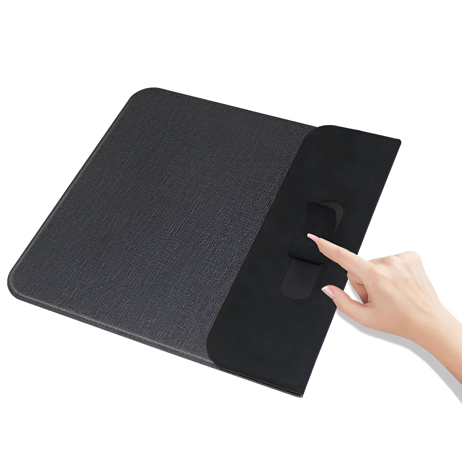 Foldable black and grey fabric wireless phone charger showing both flat and upright positions