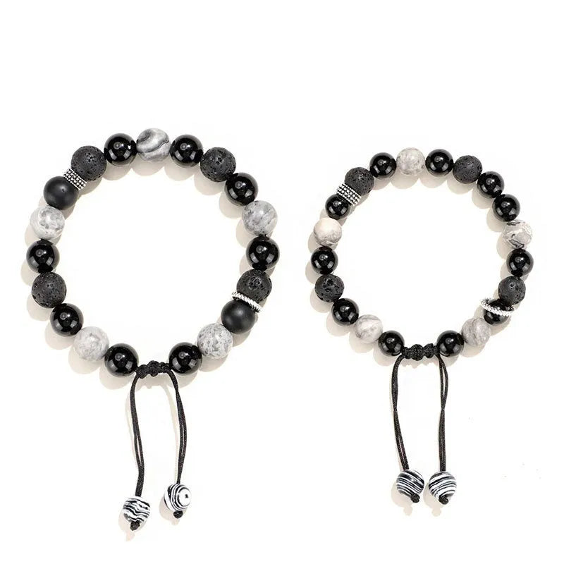Black agate map stone and volcanic rock unisex bracelet with diamond-shaped beads, electroplated finish, 8mm and 10mm options