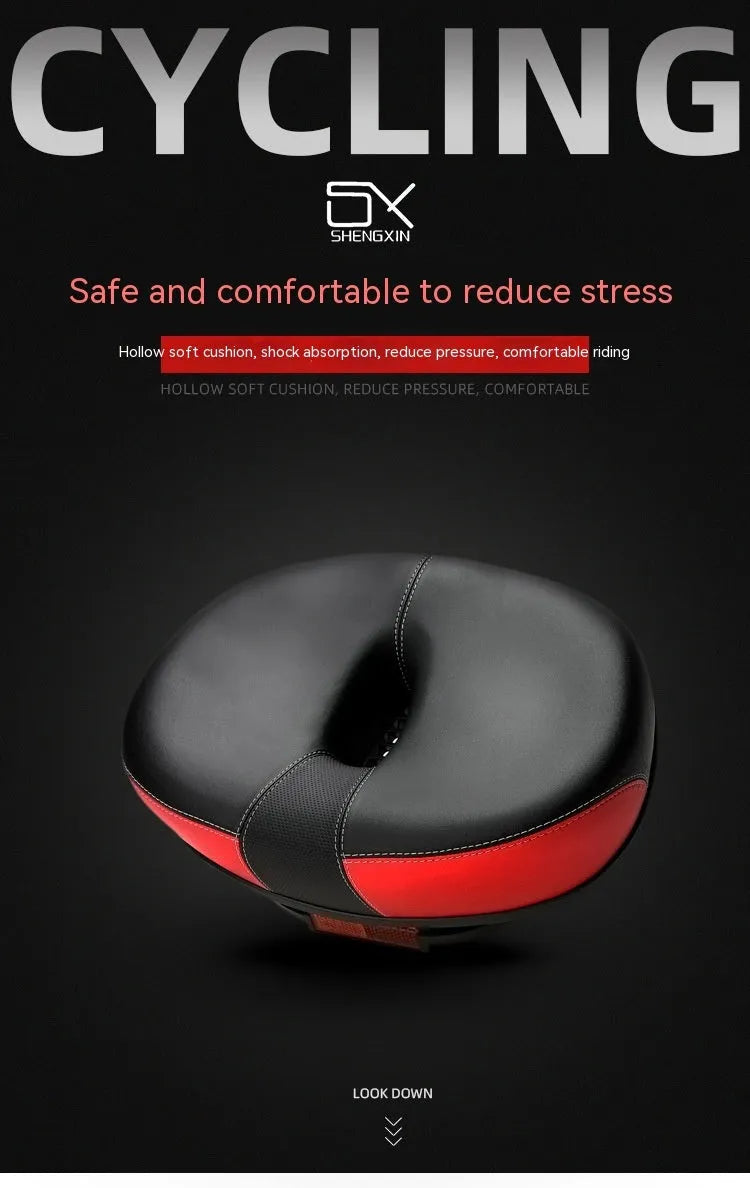 Thickened plus size mountain bike saddle in red, grey, or light brown with shock absorber and reflective stickers.