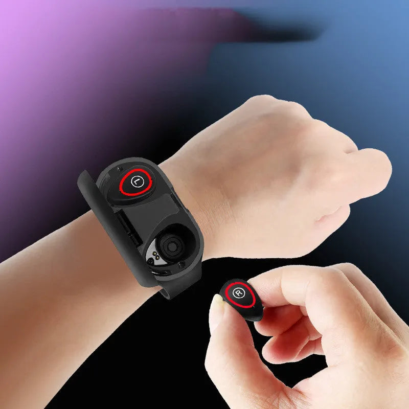 Blue silicone smart bracelet with 1-inch touch screen display and integrated earphones