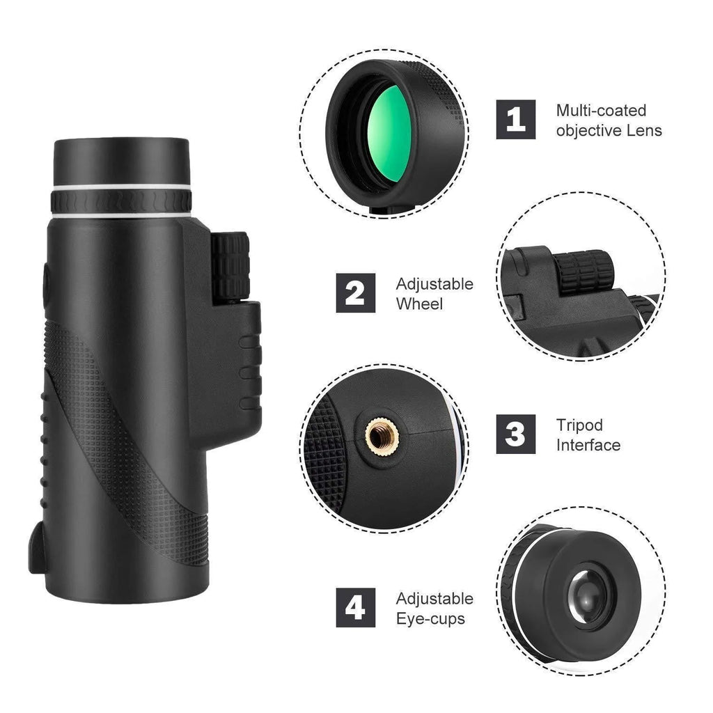 Black 40x60 HD smartphone telescope monocular with fully multi-coated lens for long-range viewing
