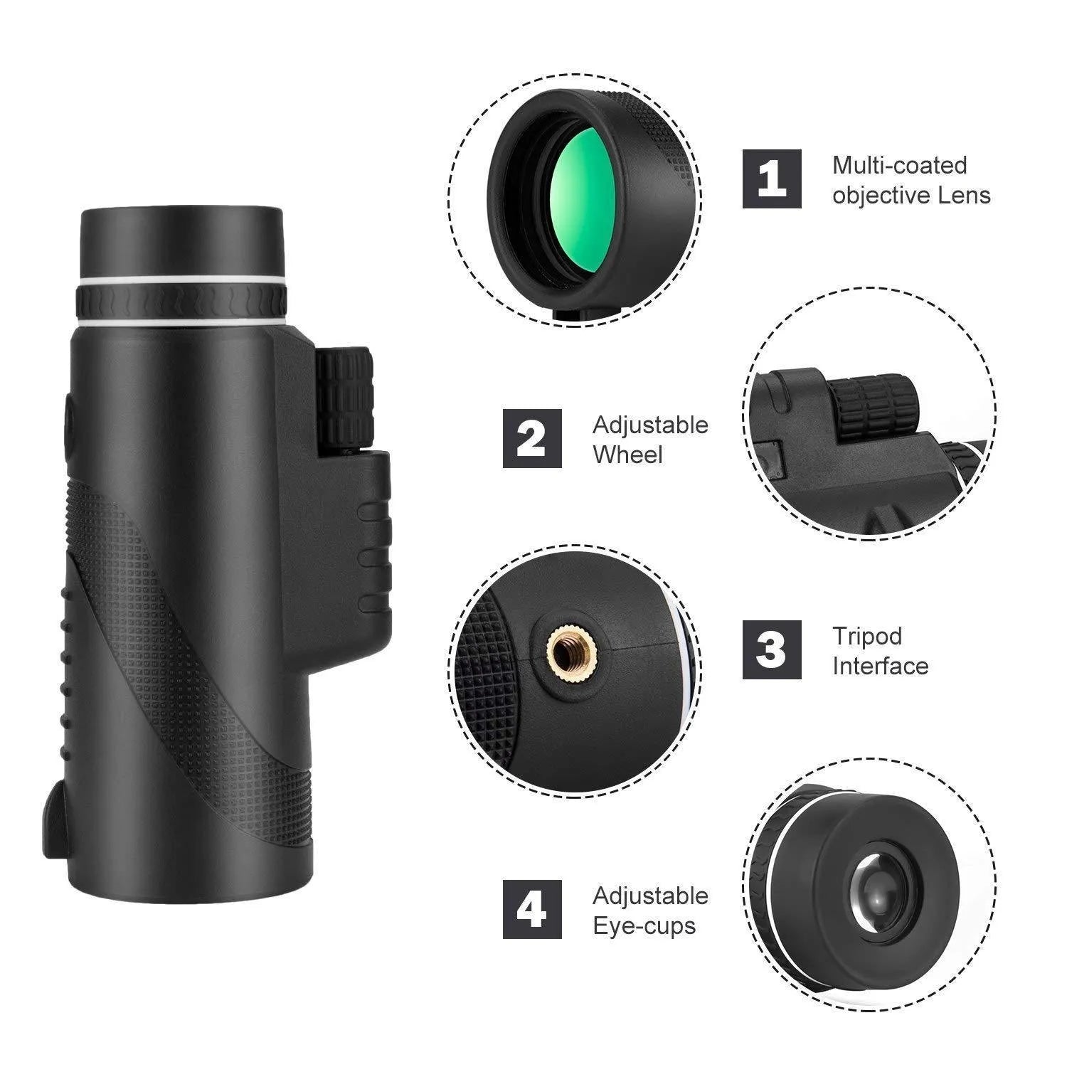 Black 40x60 HD smartphone telescope monocular with fully multi-coated lens for long-range viewing