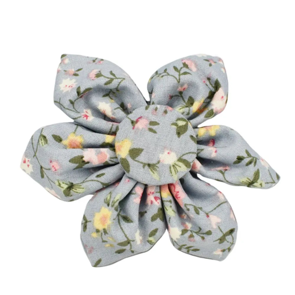 Blue floral polyester cotton dog collar set with matching leash, bow, vest, and poop bag accessories