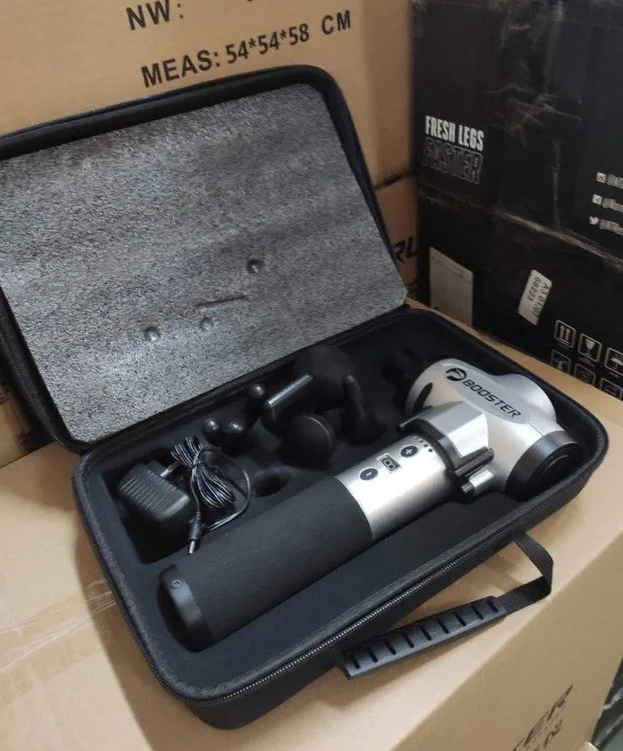 Black and white muscle massage gun with lithium battery showing 12mm stroke depth