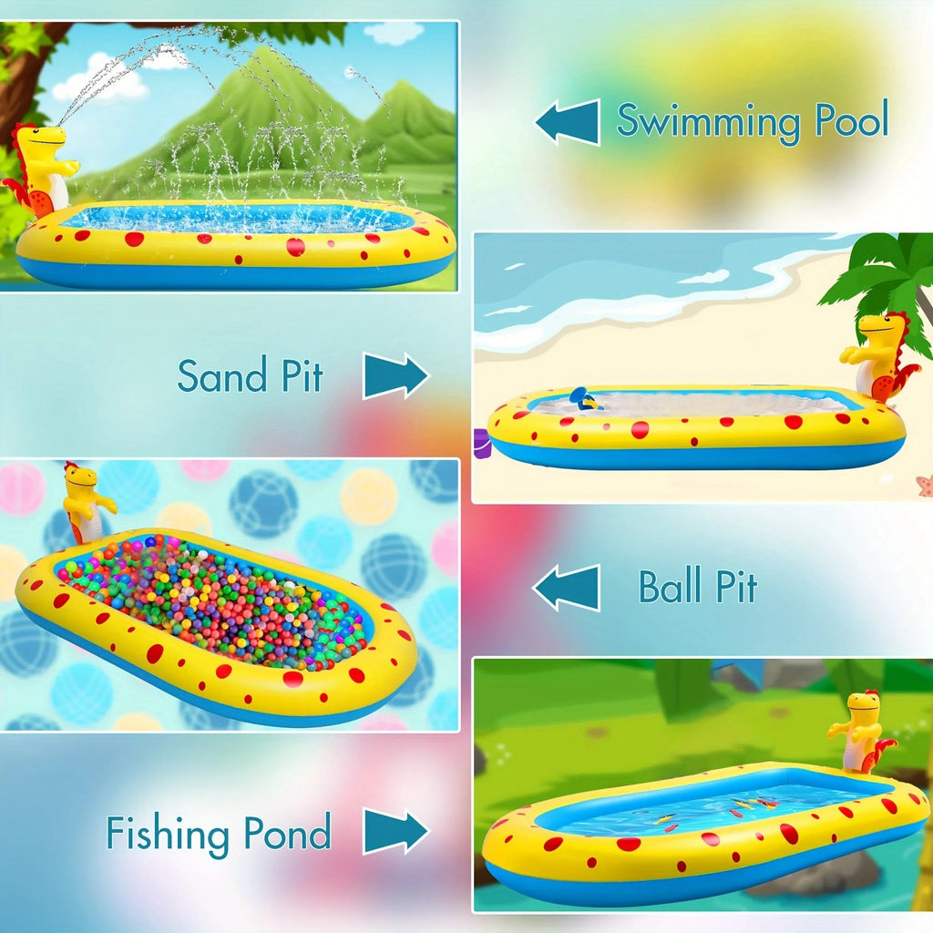 Blue dinosaur-shaped inflatable water spray pool with shark toy inside, placed on garden grass