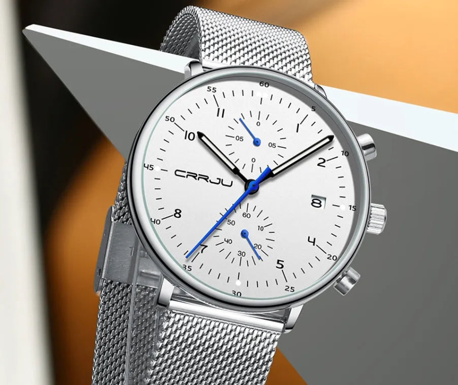 Men's sports watch with multifunction six-hand chronograph and IP blue plated stainless steel strap