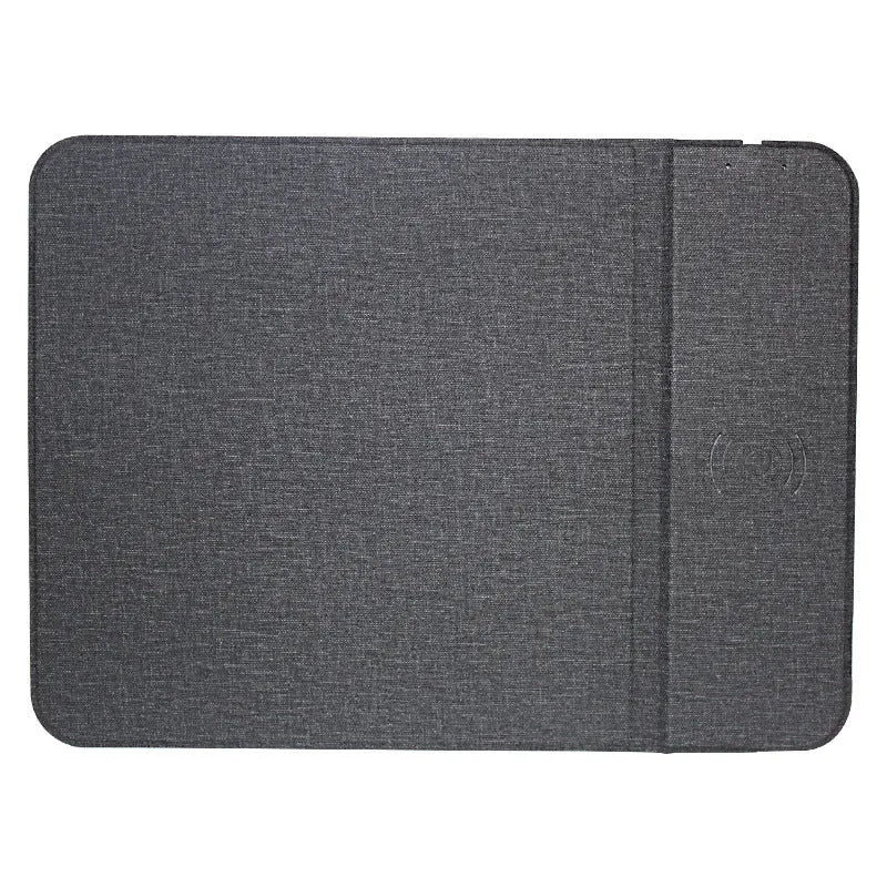 Foldable black and grey fabric wireless phone charger showing both flat and upright positions