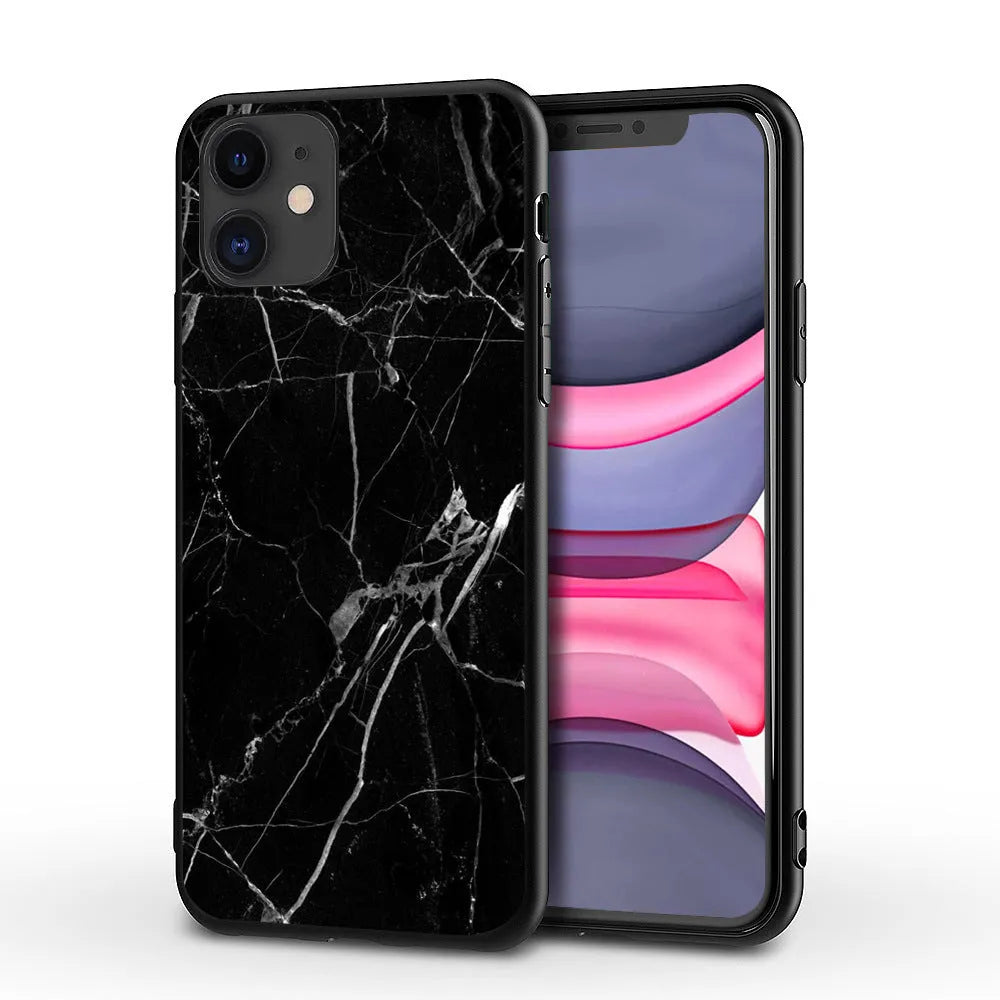 Marble pattern iPhone case showing realistic stone design on back cover with visible camera cutout