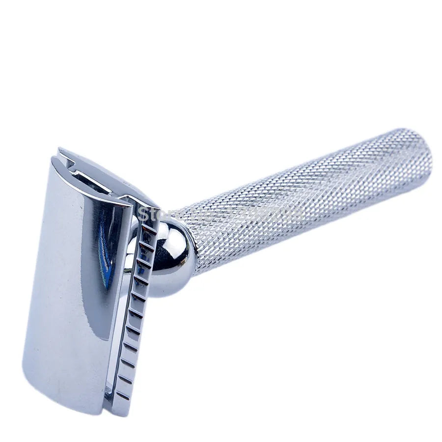 CSB men's shaving kit featuring a chrome razor and stand, badger hair brush, and zinc alloy soap bowl