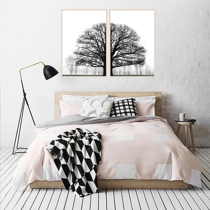 Black and white winter trees canvas wall painting, white background, multiple sizes available