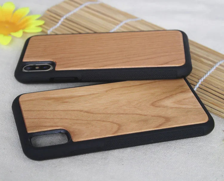 Wooden phone case with TPU shell for iPhone in bamboo, cherry, rosewood, walnut, or white.