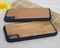 Wooden phone case with TPU shell for iPhone in bamboo, cherry, rosewood, walnut, or white.
