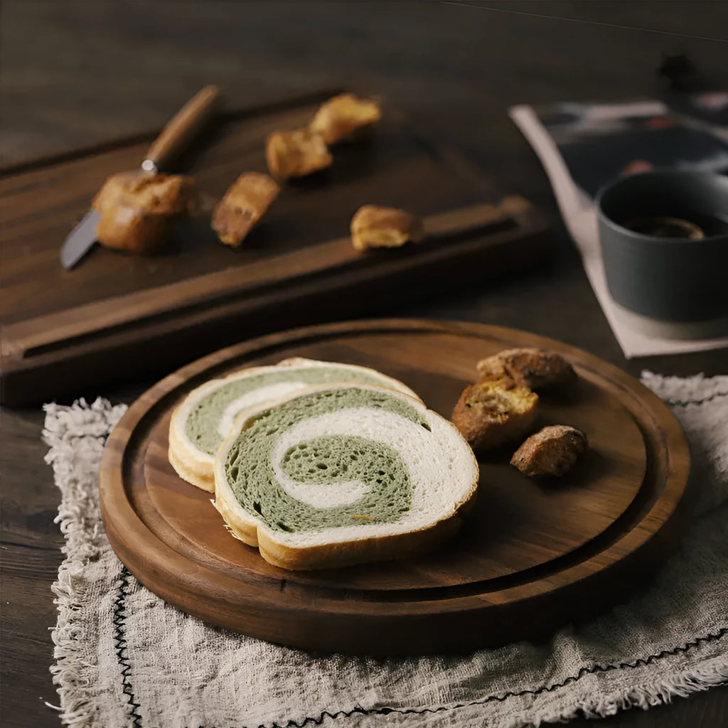 Black walnut wood cutting board with juice groove, dual-sided design, available in round and rectangular sizes for kitchen use