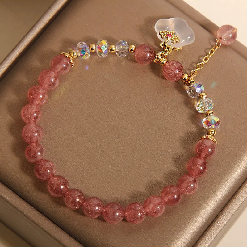 Women's natural strawberry quartz white agate crystal bracelet with auspicious cloud carvings on stretch cord