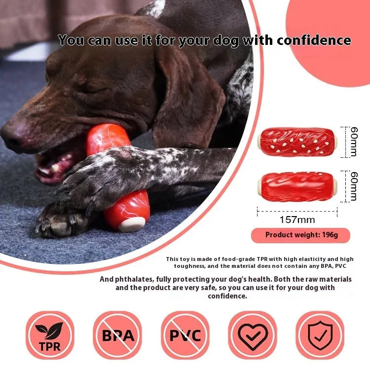 Plastic molar rod dog chew toy with textured surface in primary colour